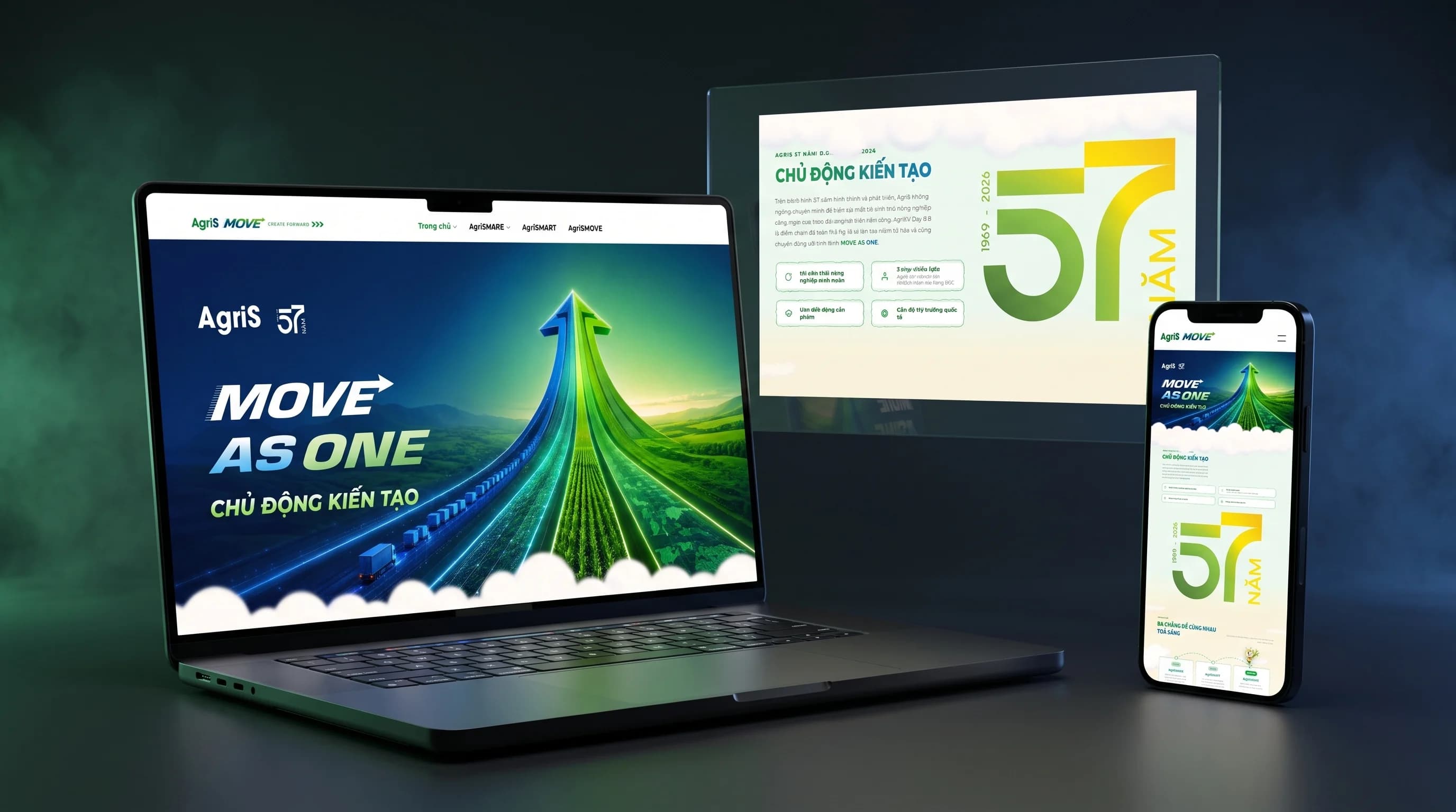 AgriS Move trên laptop, màn hình phụ và điện thoại, thông điệp Move As One, Chủ động kiến tạo