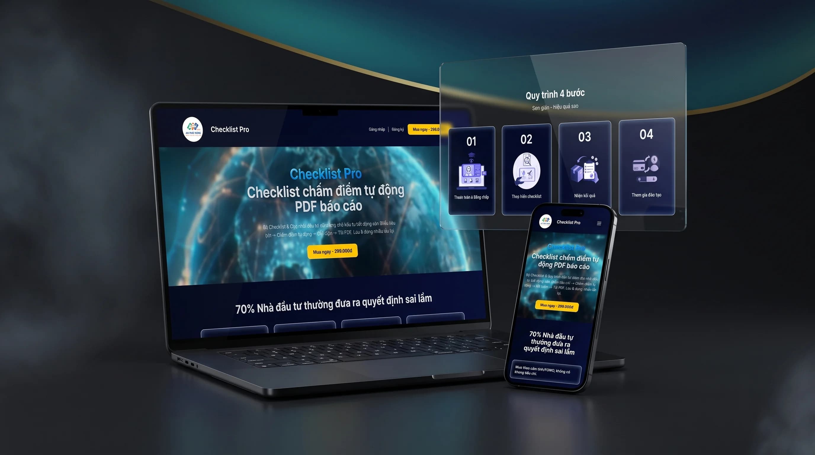 Ứng dụng Checklist Pro của An Phát Hưng trên laptop, màn hình phụ và điện thoại