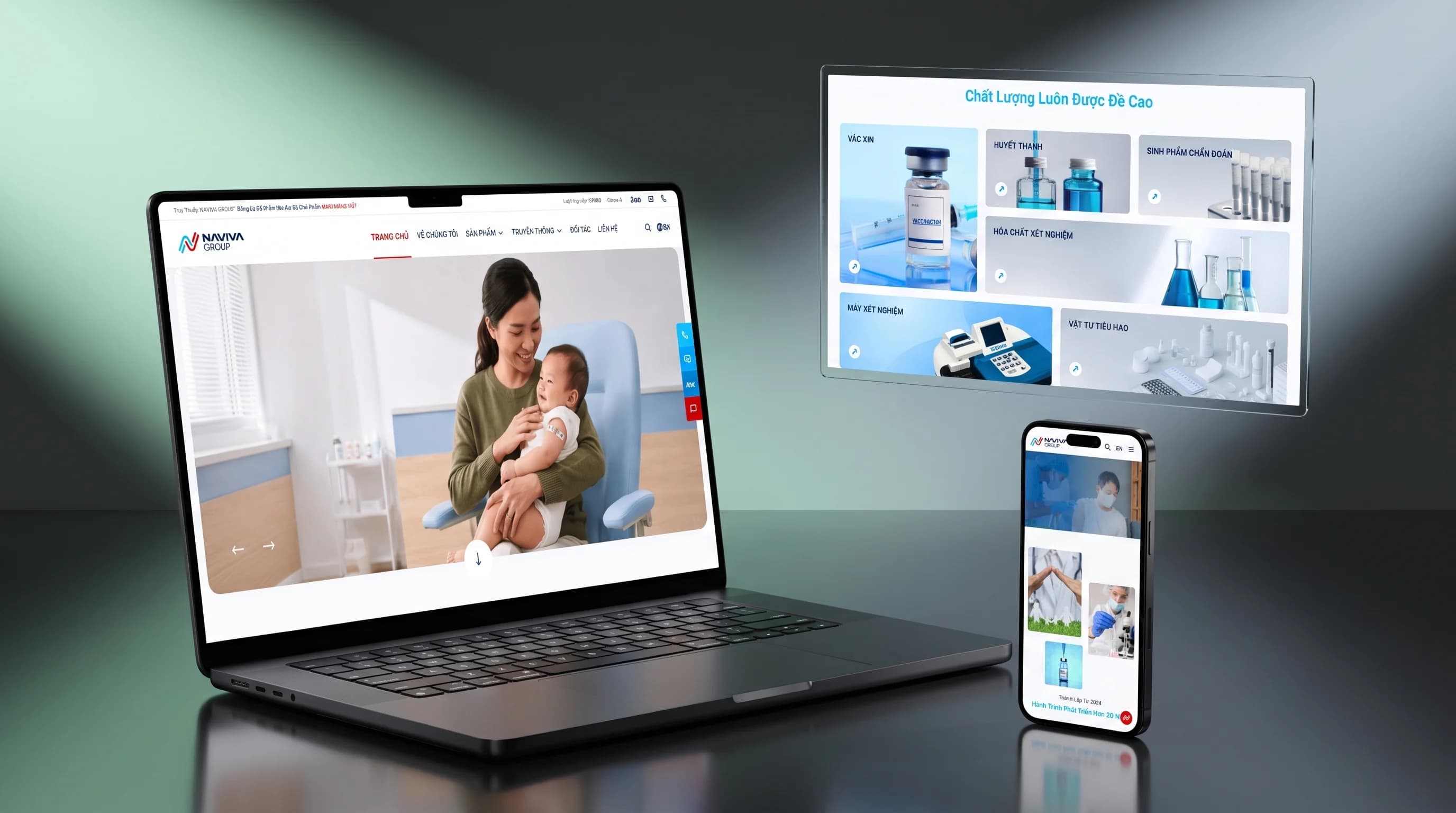 Website Naviva Group ngành dược phẩm và vắc xin trên laptop, màn hình phụ và điện thoại