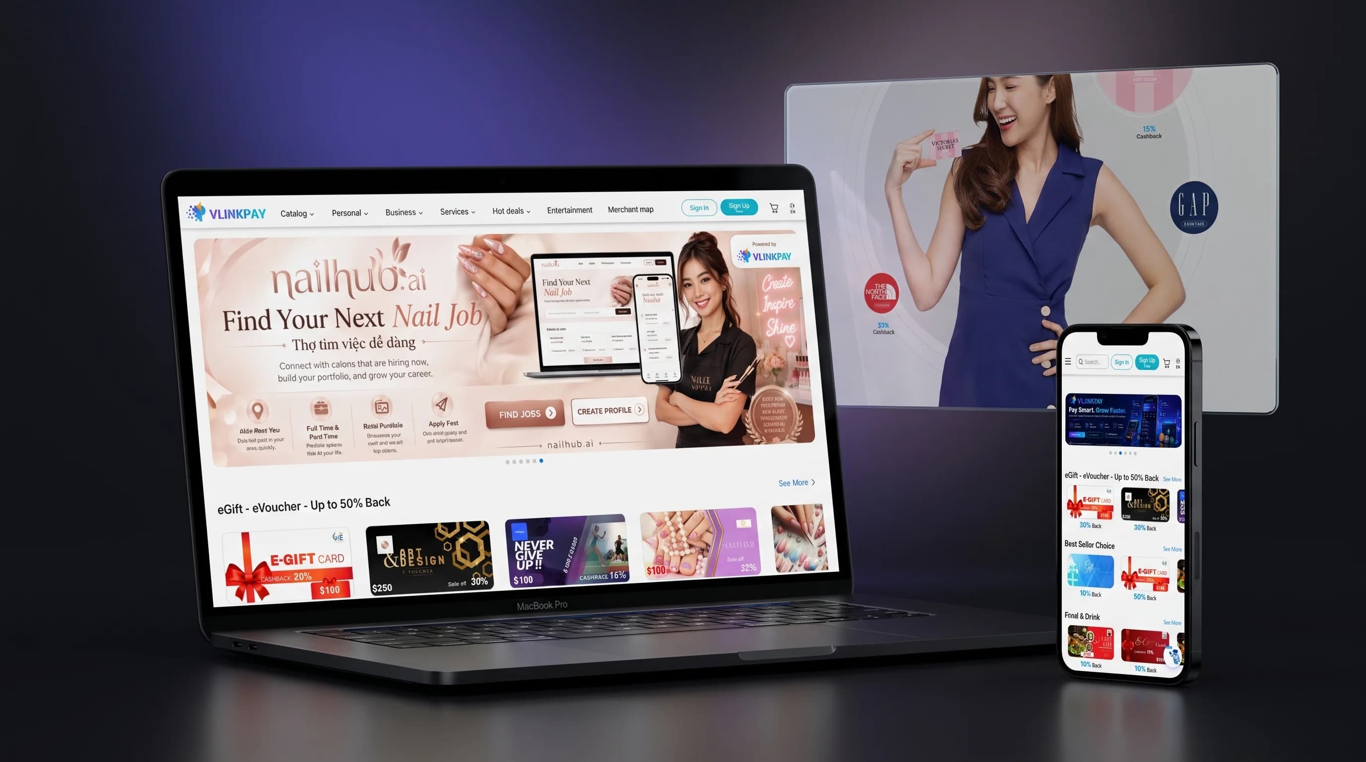 Cổng thanh toán VlinkPay trên laptop, màn hình phụ và điện thoại
