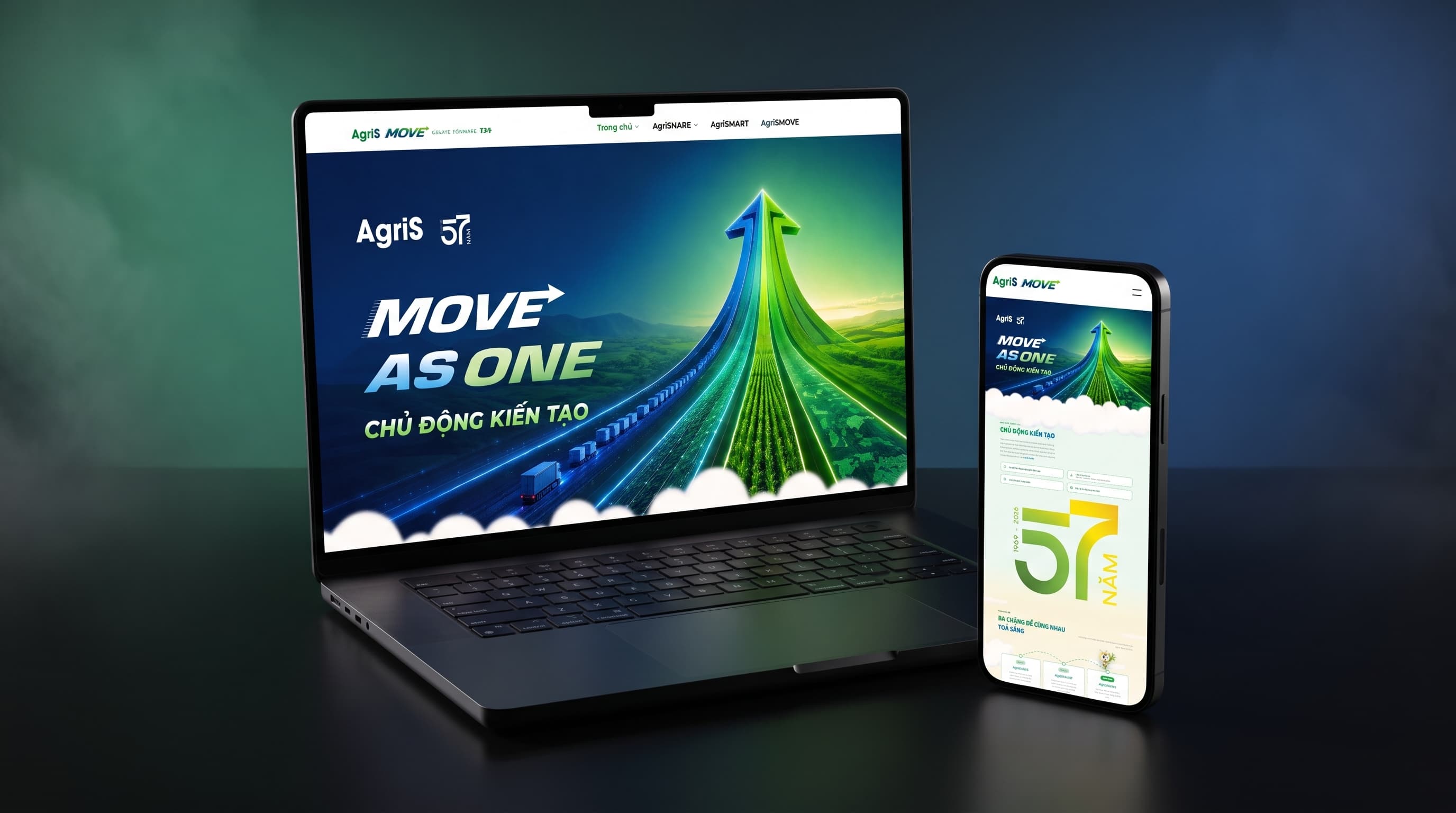 Trang chủ AgriS Move trên desktop và điện thoại, thông điệp Move As One, Chủ động kiến tạo